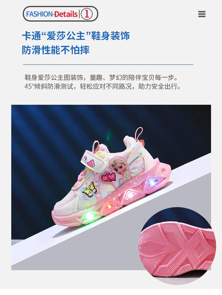 Disney LED Casual Sneakers For Spring Girls Frozen Elsa Princess Print Pu Leather Shoes Children Lighted Non-slip Pink Purple