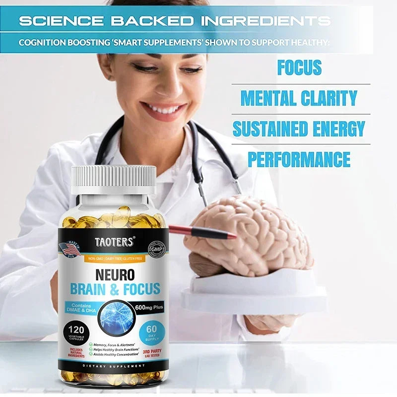 Memory, Focus, Clarity, Energy Brain Supplement - Nootropic Brain Booster DMAE Vitamins A, C, D, E, B1, B2, B3, B5, B6 Capsules