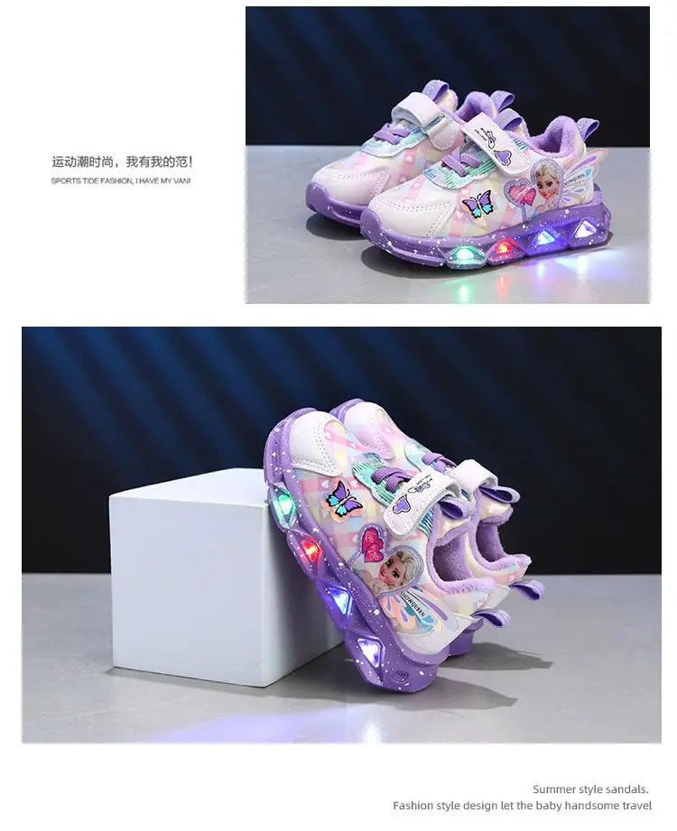 Disney LED Casual Sneakers For Spring Girls Frozen Elsa Princess Print Pu Leather Shoes Children Lighted Non-slip Pink Purple