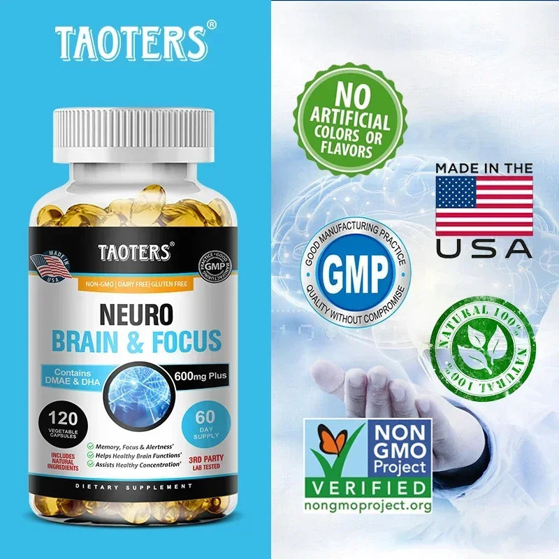 Memory, Focus, Clarity, Energy Brain Supplement - Nootropic Brain Booster DMAE Vitamins A, C, D, E, B1, B2, B3, B5, B6 Capsules