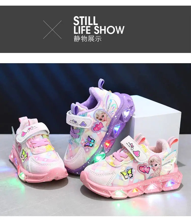 Disney LED Casual Sneakers For Spring Girls Frozen Elsa Princess Print Pu Leather Shoes Children Lighted Non-slip Pink Purple