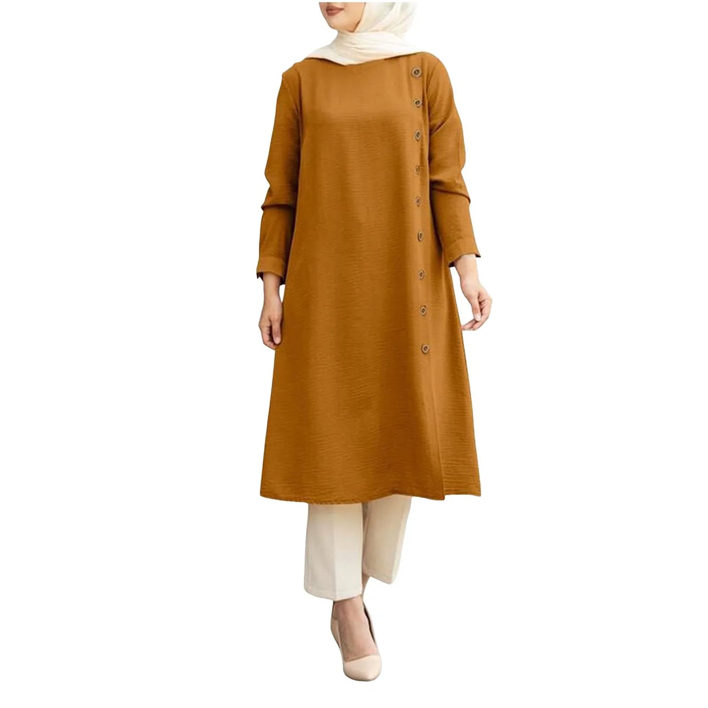 Arab Women Muslim Long Sleeve Blouse Dress Casual Loose Blouse Shirts Tops Tunic Loose Chemise Morocco Turkish Solid Dress