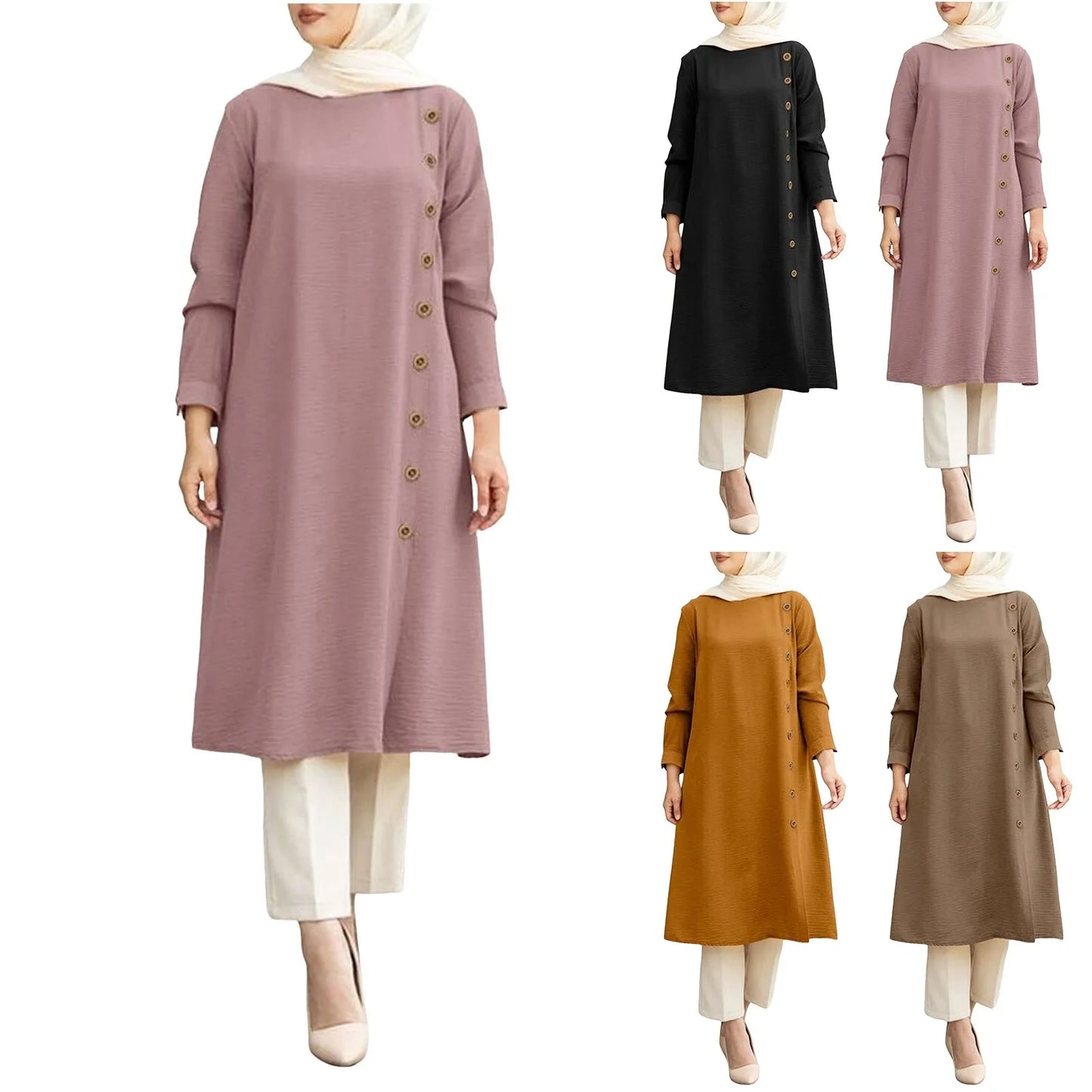 Arab Women Muslim Long Sleeve Blouse Dress Casual Loose Blouse Shirts Tops Tunic Loose Chemise Morocco Turkish Solid Dress