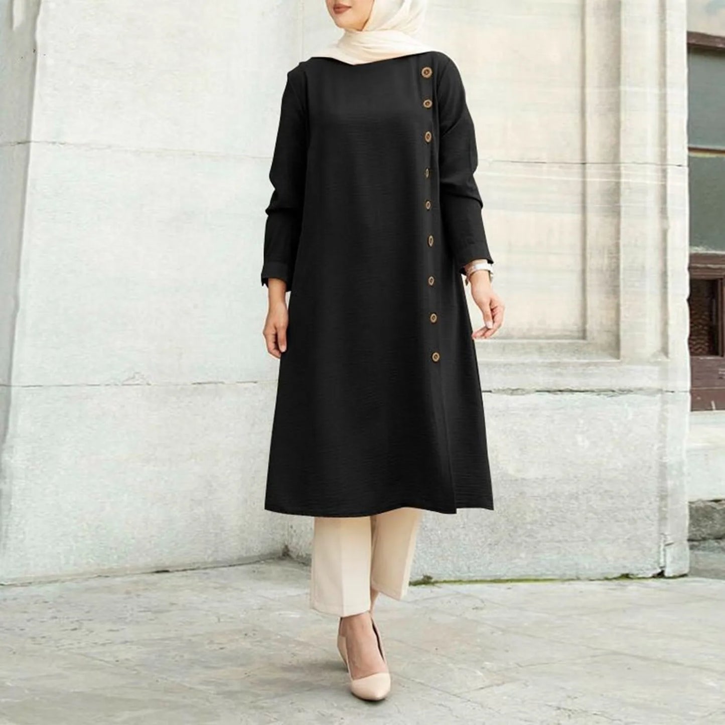 Arab Women Muslim Long Sleeve Blouse Dress Casual Loose Blouse Shirts Tops Tunic Loose Chemise Morocco Turkish Solid Dress