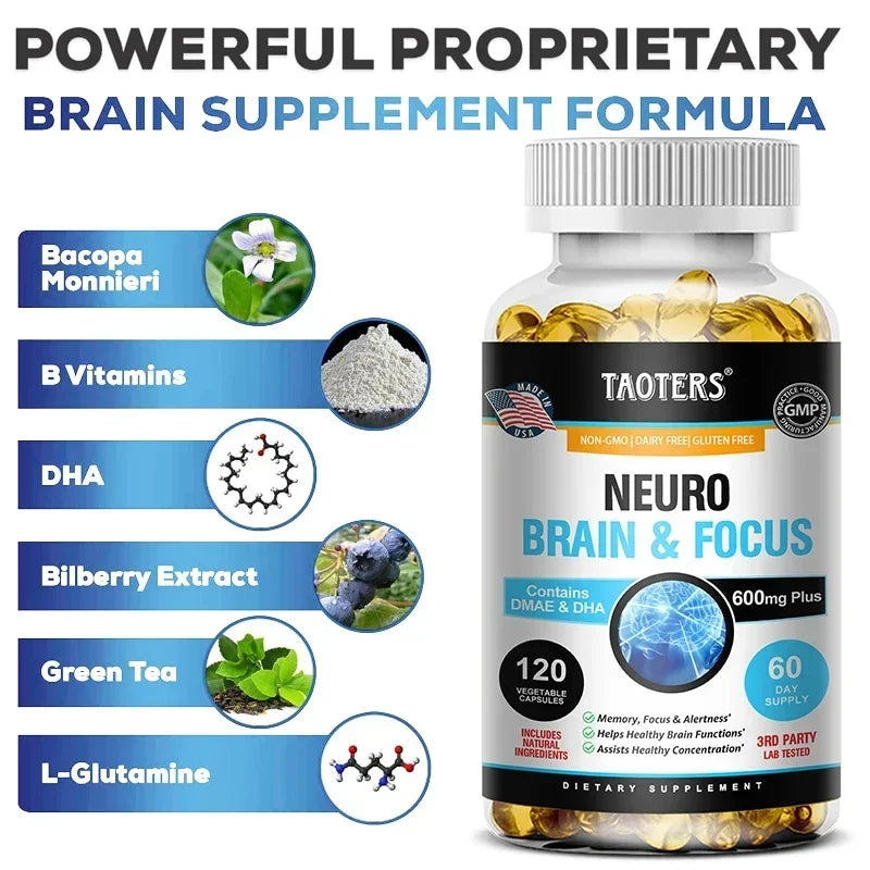 Memory, Focus, Clarity, Energy Brain Supplement - Nootropic Brain Booster DMAE Vitamins A, C, D, E, B1, B2, B3, B5, B6 Capsules