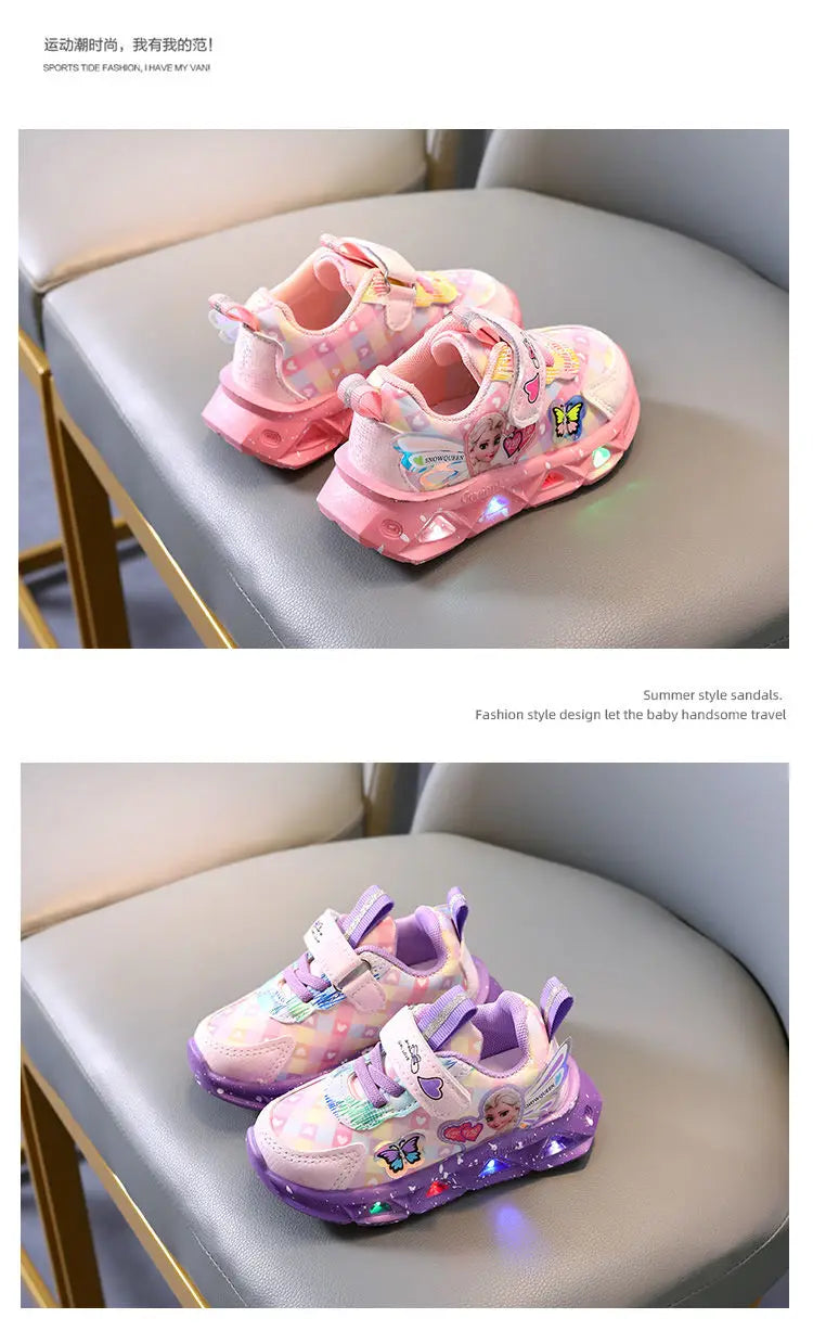 Disney LED Casual Sneakers For Spring Girls Frozen Elsa Princess Print Pu Leather Shoes Children Lighted Non-slip Pink Purple