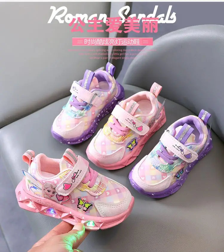 Disney LED Casual Sneakers For Spring Girls Frozen Elsa Princess Print Pu Leather Shoes Children Lighted Non-slip Pink Purple