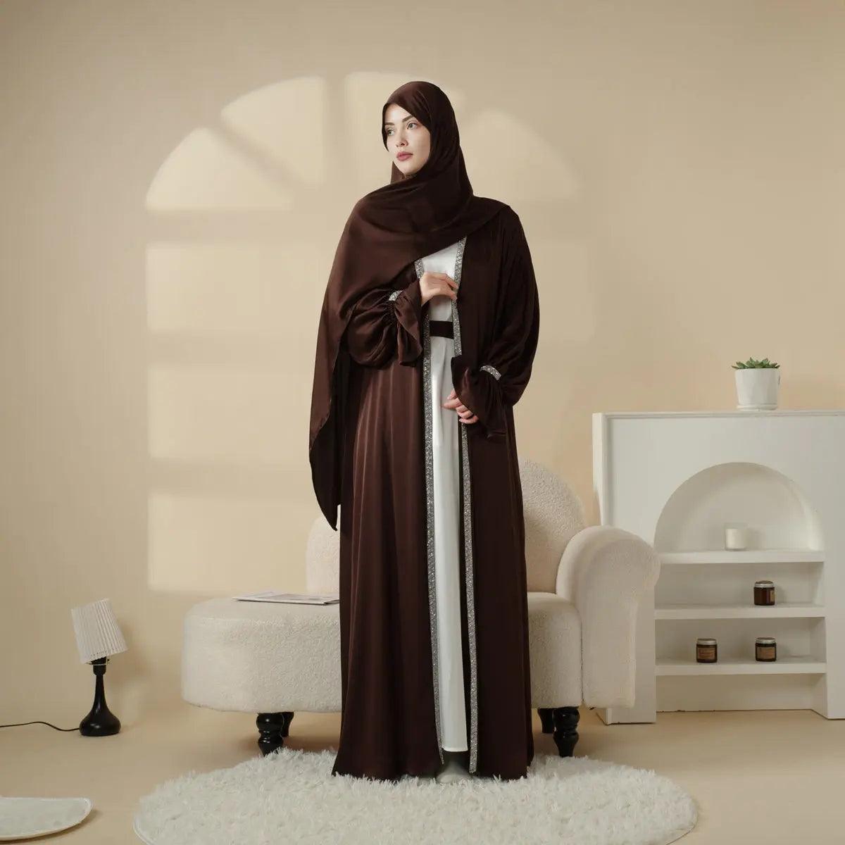 Poet Sleeve Satin Open Abaya With Matching Belt and Hijab (MOA009)