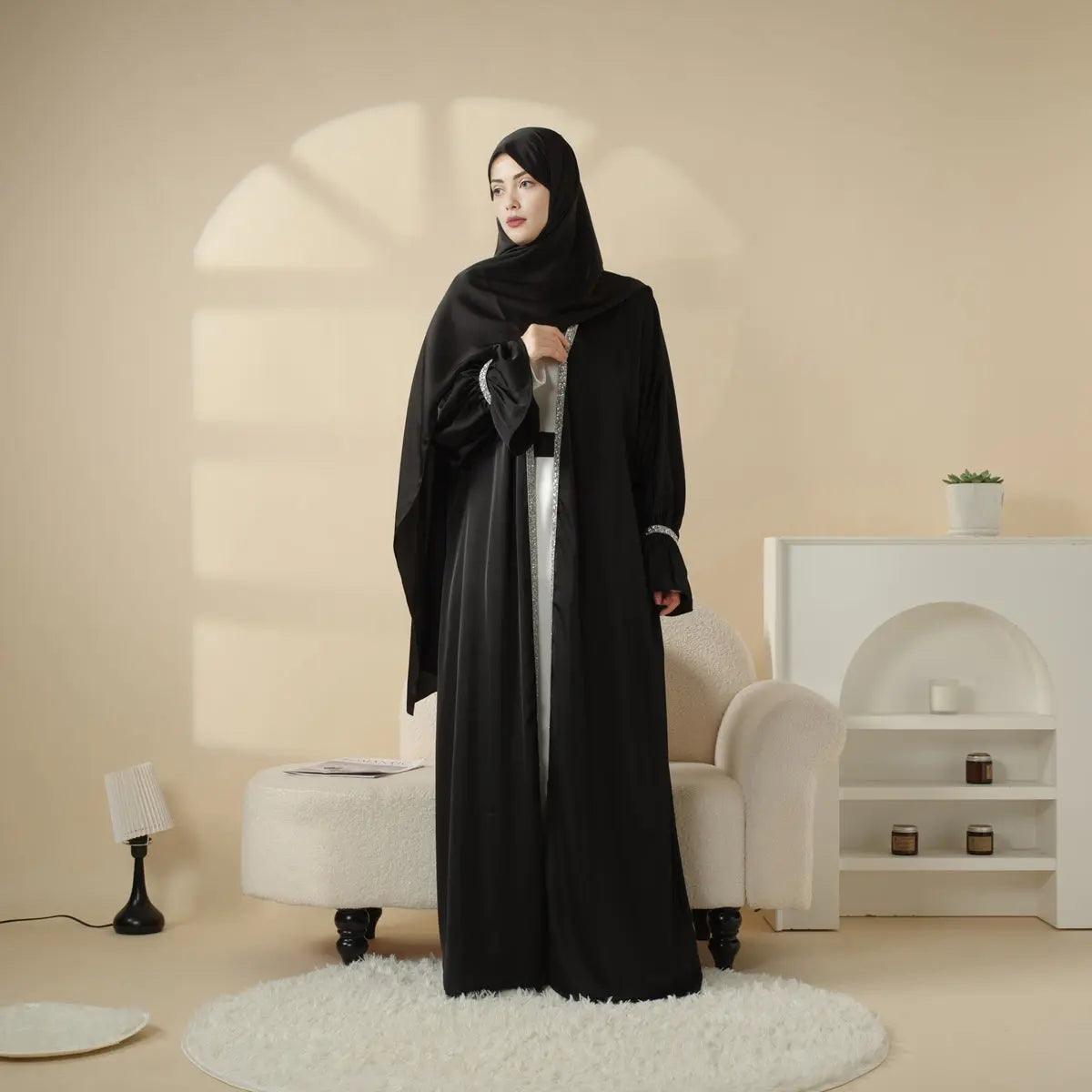 Poet Sleeve Satin Open Abaya With Matching Belt and Hijab (MOA009)
