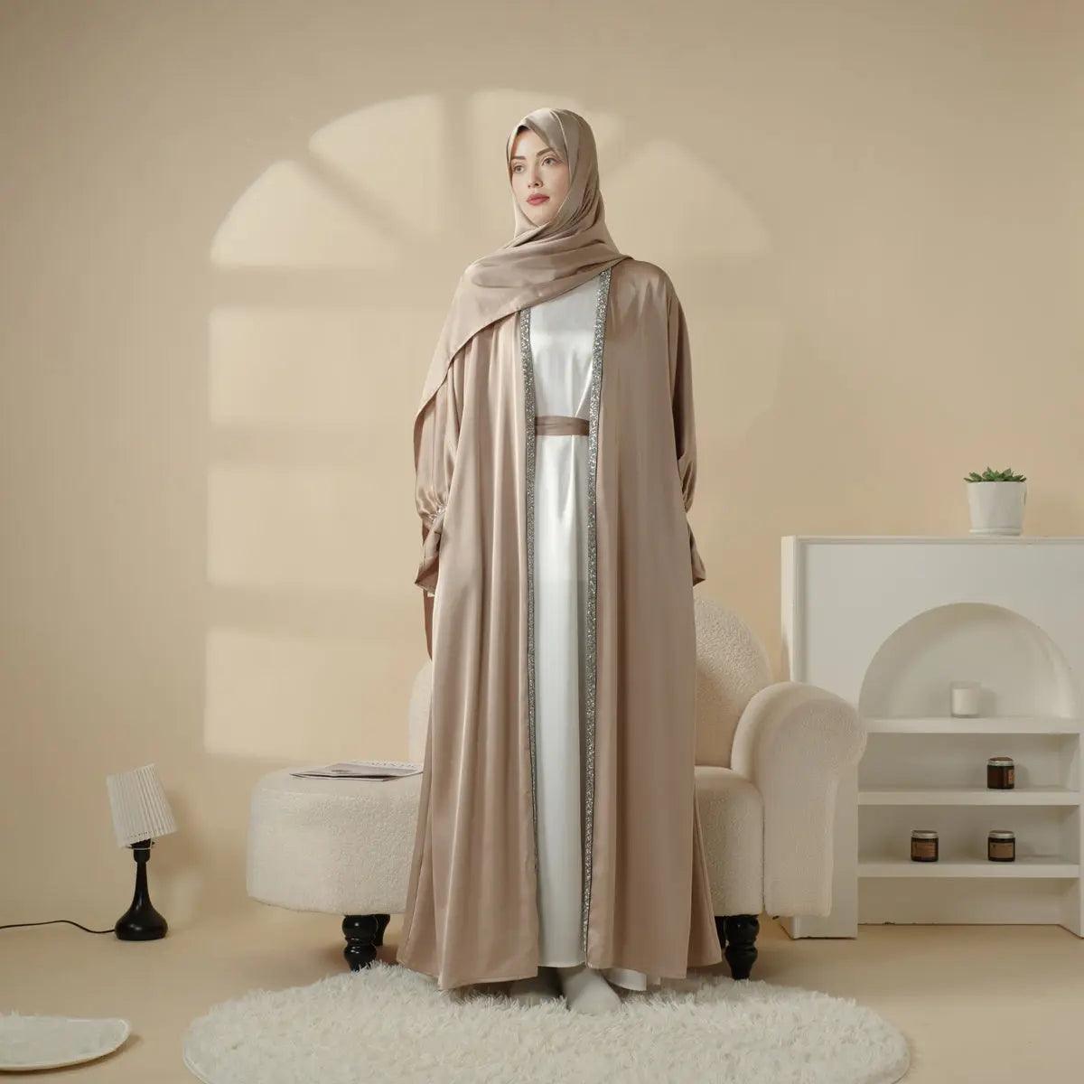 Poet Sleeve Satin Open Abaya With Matching Belt and Hijab (MOA009)