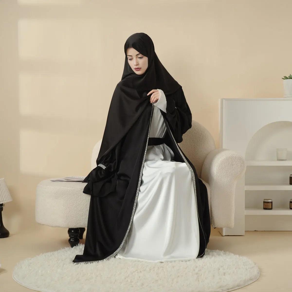 Poet Sleeve Satin Open Abaya With Matching Belt and Hijab (MOA009)