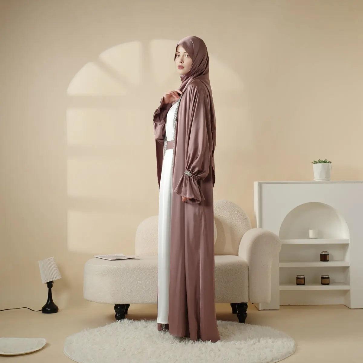 Poet Sleeve Satin Open Abaya With Matching Belt and Hijab (MOA009)