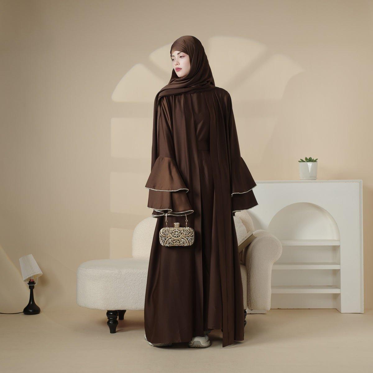 Crepe Satin Ruffle Sleeve Abaya, 5-Piece Set (MOA033)