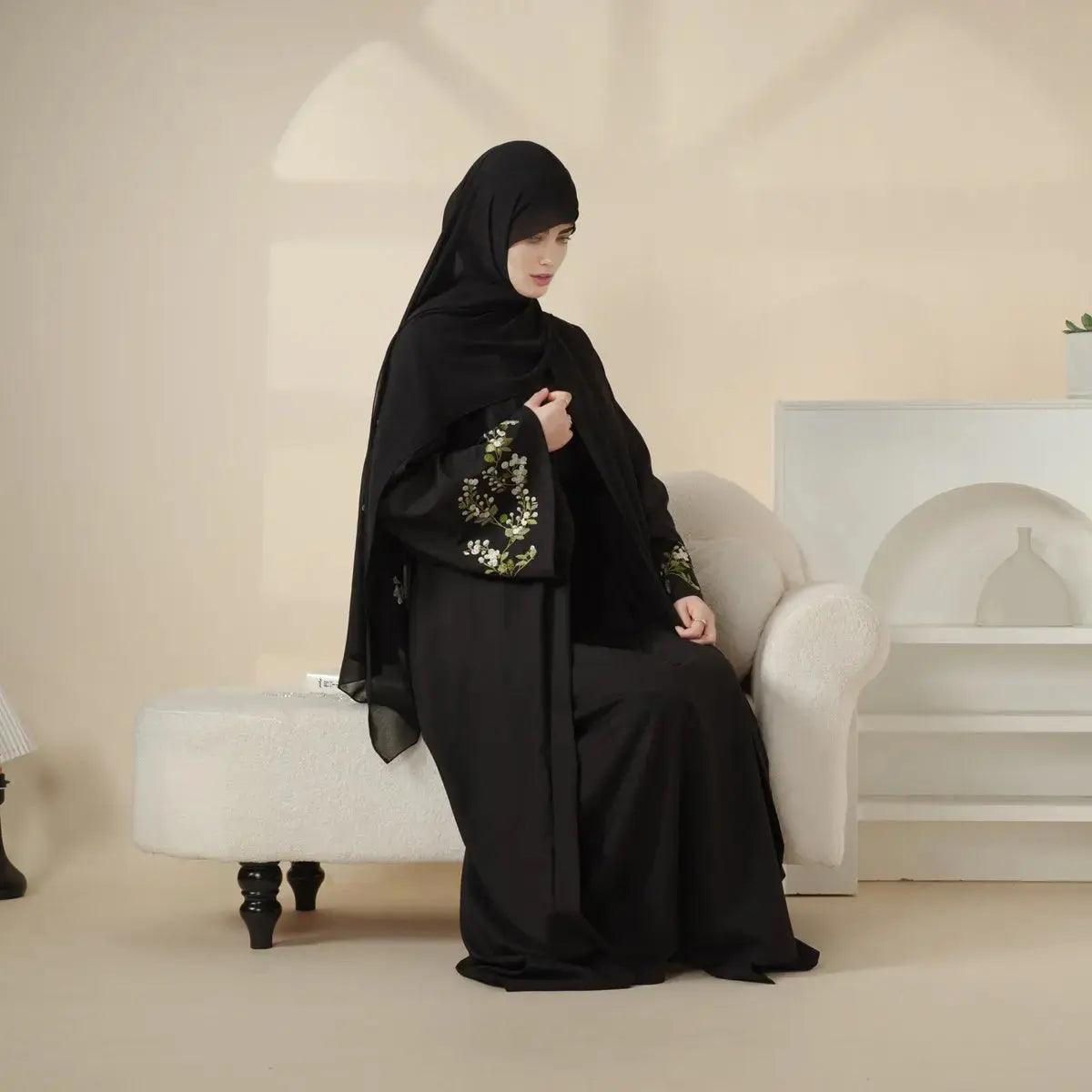 Olive Branch Embroidered Linen Abaya Set With Matching Belt & Hijab (MOA037)