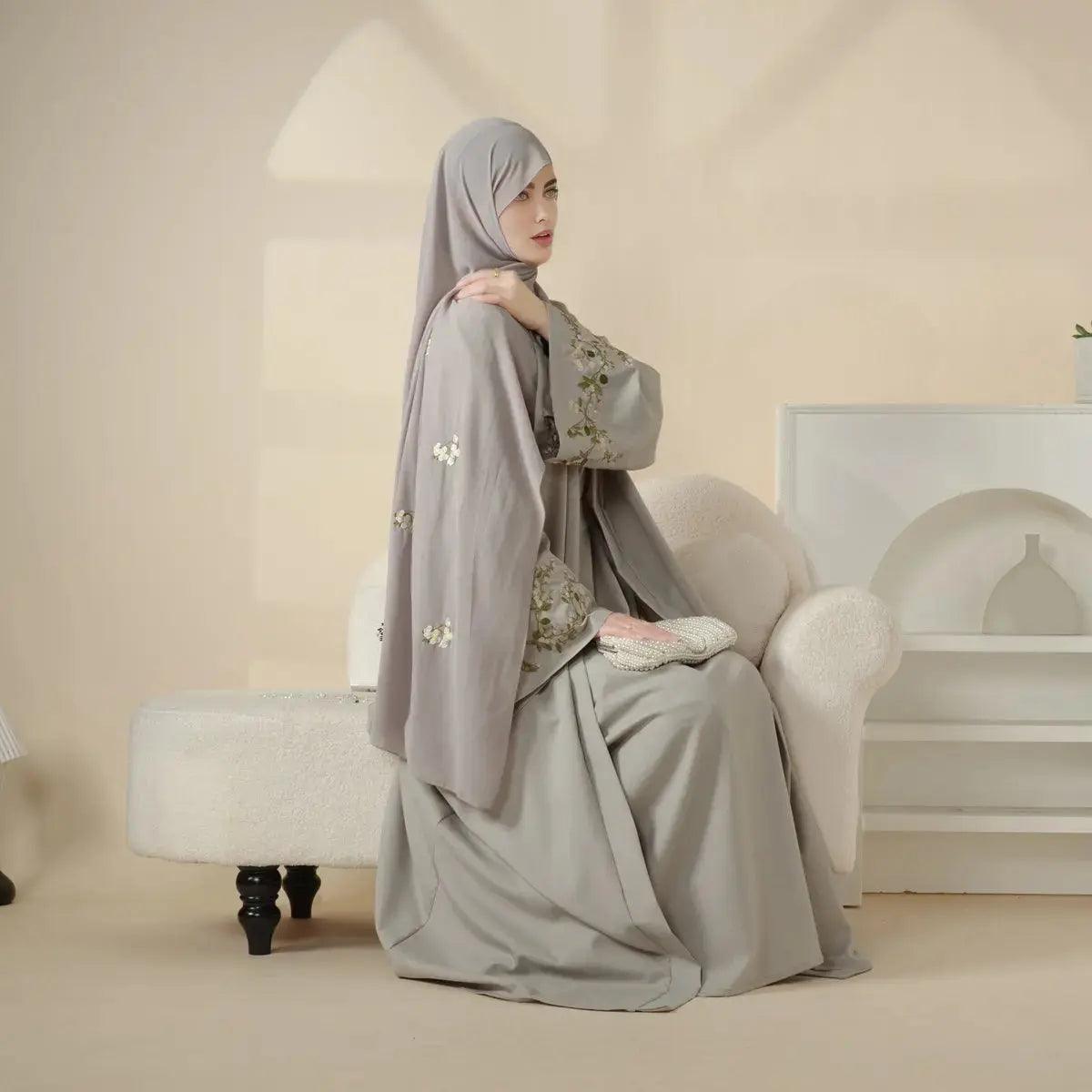 Olive Branch Embroidered Linen Abaya Set With Matching Belt & Hijab (MOA037)