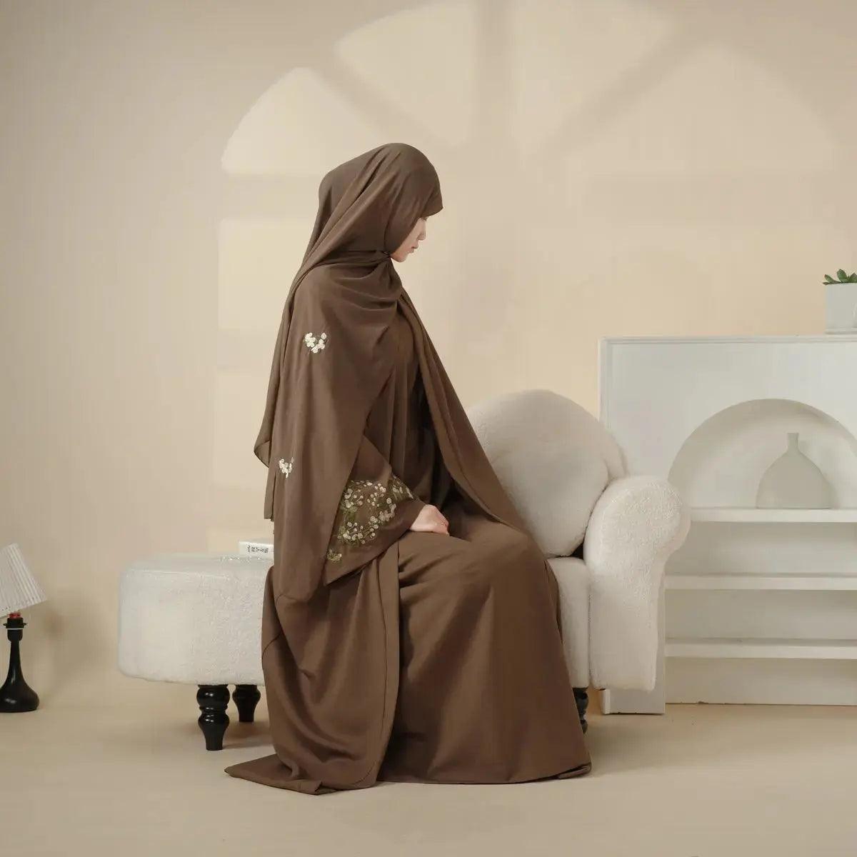 Olive Branch Embroidered Linen Abaya Set With Matching Belt & Hijab (MOA037)