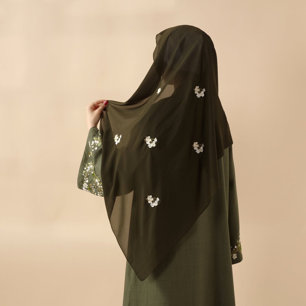 Olive Branch Embroidered Linen Abaya Set With Matching Belt & Hijab (MOA037)