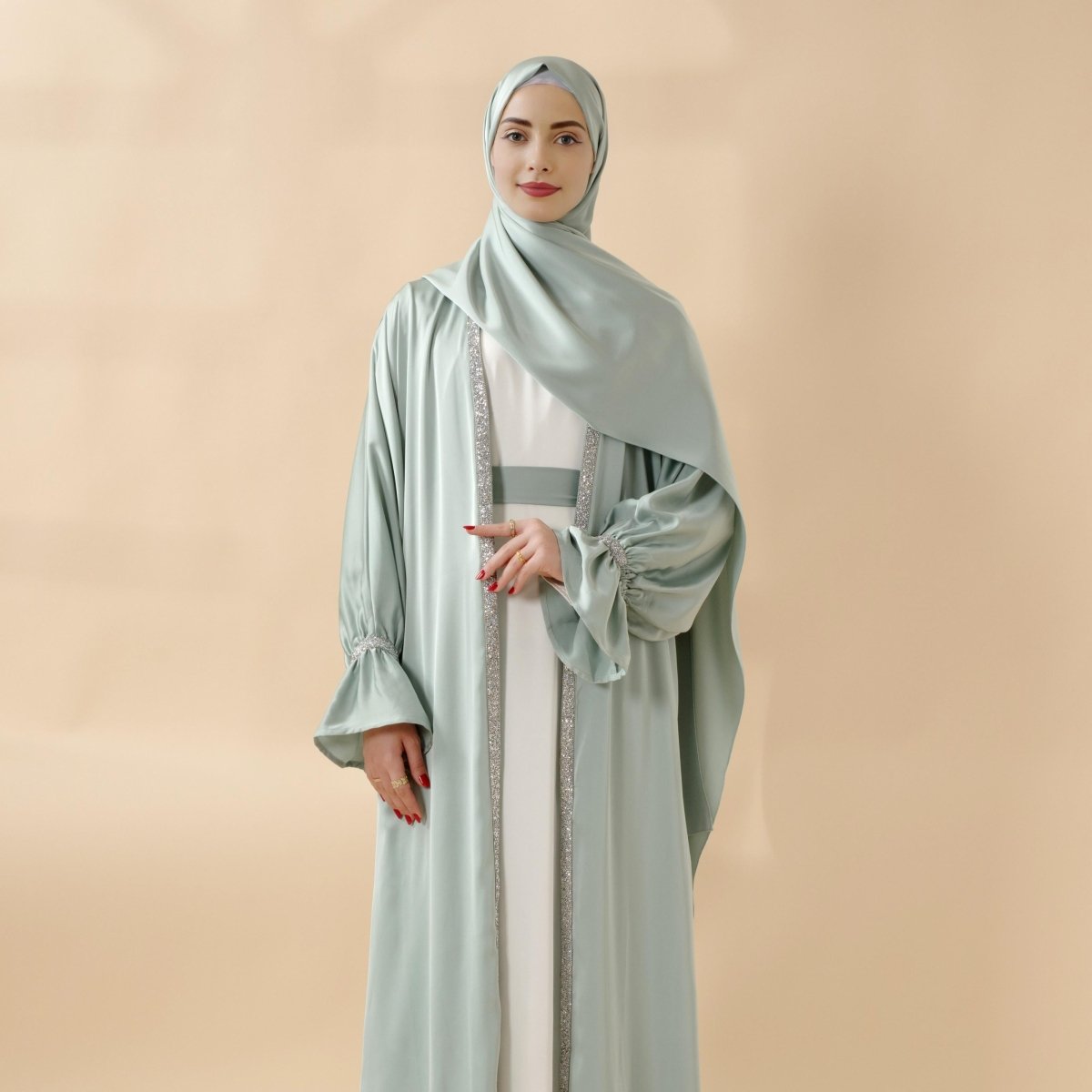 Poet Sleeve Satin Open Abaya With Matching Belt and Hijab (MOA009)