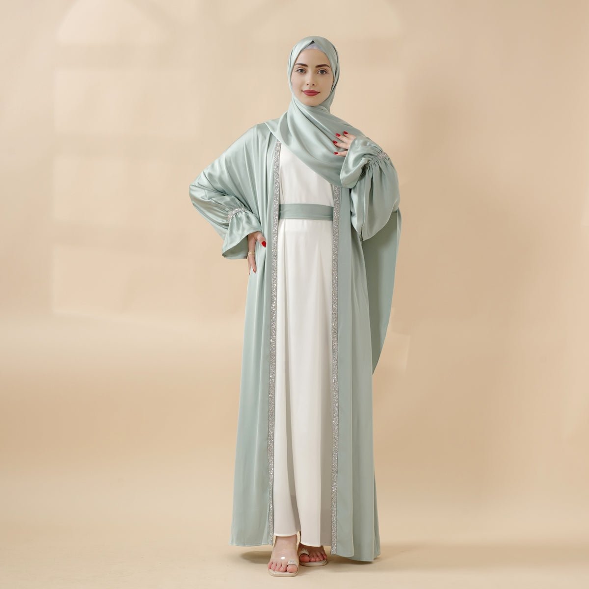 Poet Sleeve Satin Open Abaya With Matching Belt and Hijab (MOA009)