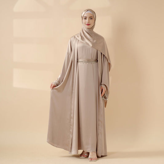 Satin Abaya With Matching Belt Made Of Diamond Tassel (MOA010)