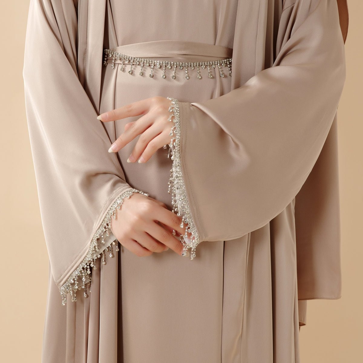 Satin Abaya With Matching Belt Made Of Diamond Tassel (MOA010)